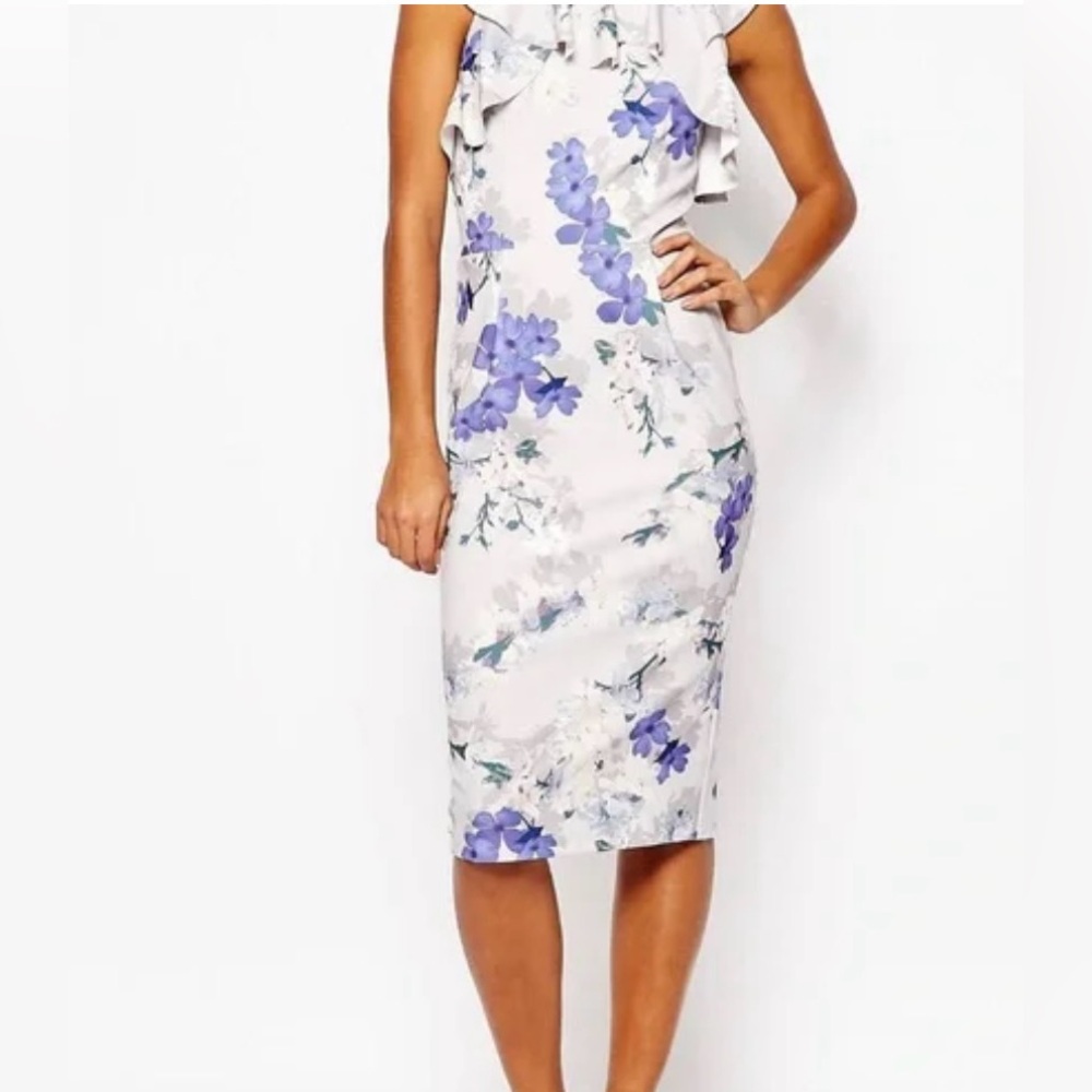ASOS Design Floral Midi Ruffle Top Midi Dress with Pastel Flowers and Back Slit